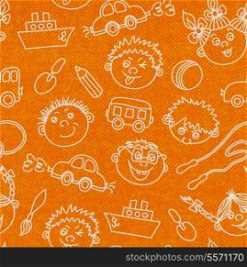Seamless kids faces and toys pattern background vector illustration