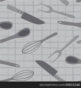 Seamless kitchenware pattern with doodle stylized knife, spoon, fork, corolla shapes. Cooking ornament artwork with chequered background in grey tones. Designed for fabric. Vector illustration.. Seamless kitchenware pattern with doodle stylized knife, spoon, fork, corolla shapes. Cooking ornament artwork with chequered background in grey tones.