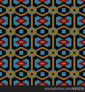 Seamless knitted ornate vector pattern in blue hues and pink, yellow colors as a fabric texture