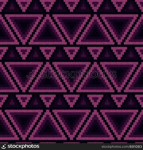 Seamless knitted ornate vector pattern in violet and magenta hues as a fabric texture