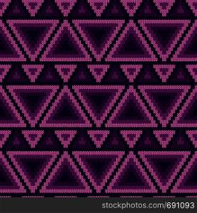 Seamless knitted ornate vector pattern in violet and magenta hues as a fabric texture