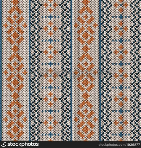 Seamless knitted vector pattern as a fabric texture in blue, orange and beige hues