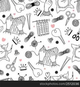 Seamless knitting and embroidery pattern. Sewing elements, threads and knitting needles, scissors and needles, hands knit on white background. Vector illustration. Linear hand drawings in doodle style