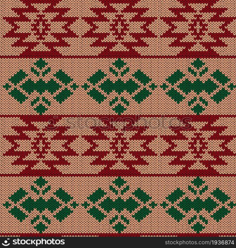 Seamless knitting contrast ornate in beige, green and red colors, vector pattern as a fabric texture