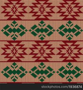 Seamless knitting contrast ornate in beige, green and red colors, vector pattern as a fabric texture