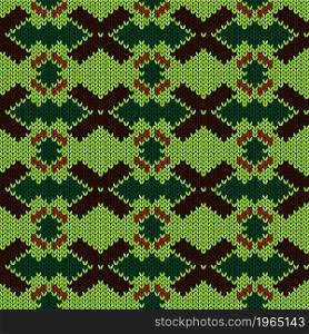 Seamless knitting contrast ornate in brown and green colors, vector pattern as a fabric texture