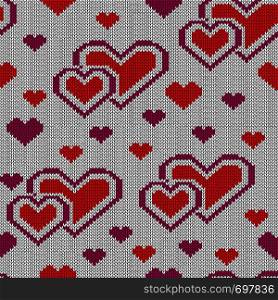 Seamless knitting decorative pattern with heart for Valentine's Day vector as a texture of fabric