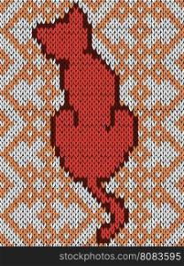Seamless knitting fabric childish vector pattern with orange cat on the ornamental background