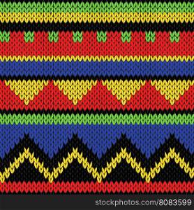 Seamless knitting geometrical colourful bright vector pattern in yellow, green, blue, red and black saturated colors as a knitted childish fabric texture