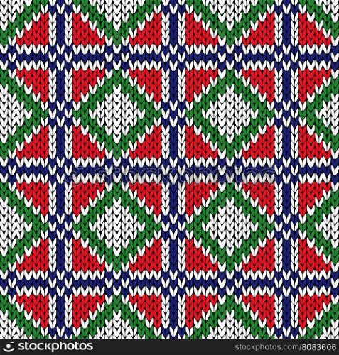 Seamless knitting geometrical vector pattern in red, green, blue and white colors as a knitted fabric texture