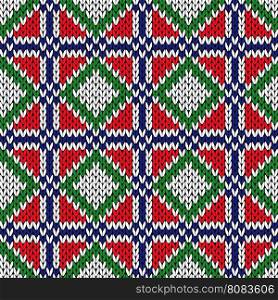 Seamless knitting geometrical vector pattern in red, green, blue and white colors as a knitted fabric texture