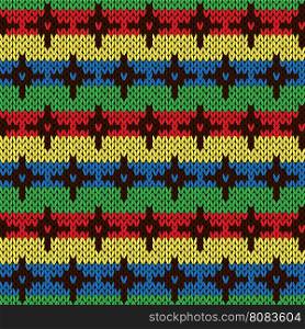Seamless knitting geometrical vector pattern with color crosses on the striped saturated colorful background as a knitted fabric texture