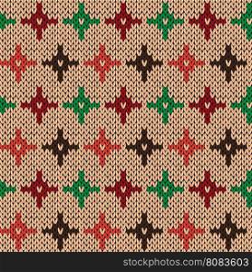 Seamless knitting geometrical vector pattern with color crosses over beige background as a knitted fabric texture