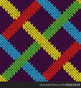 Seamless knitting geometrical vector pattern with various color lines over dark magenta background as a knitted fabric texture