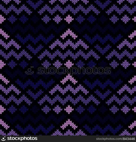 Seamless knitting geometrical vector pattern with zigzag lines in violet hues as a knitted fabric texture
