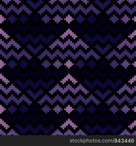 Seamless knitting geometrical vector pattern with zigzag lines in violet hues as a knitted fabric texture