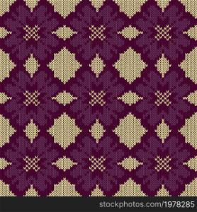 Seamless knitting ornate in magenta and beige colors, vector pattern as a fabric texture
