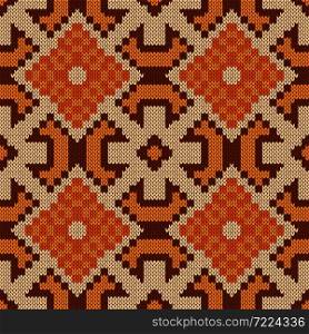 Seamless knitting ornate in orange and brown colors, vector pattern as a fabric texture