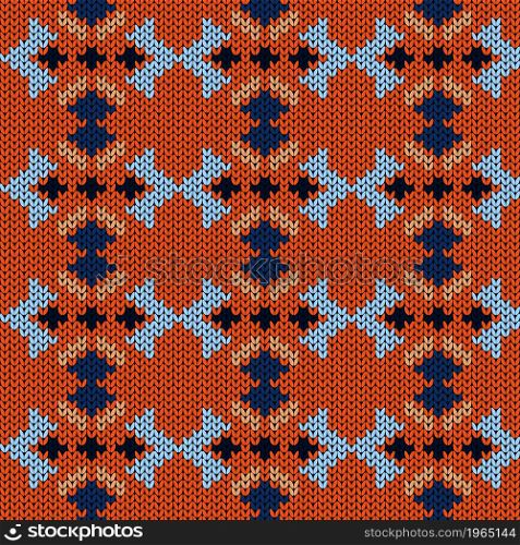 Seamless knitting pattern in blue and orange colors, vector pattern as a fabric texture