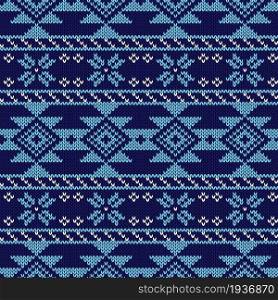 Seamless knitting pattern in blue and white colors, vector pattern as a fabric texture