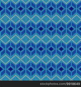 Seamless knitting pattern in blue and white hues, vector pattern as a fabric texture