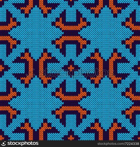 Seamless knitting pattern in blue, violet and orange colors, vector pattern as a fabric texture