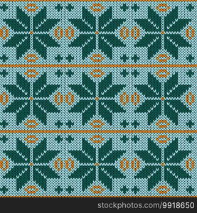 Seamless knitting pattern in muted blue, orange and turquoise hues, vector pattern as a fabric texture