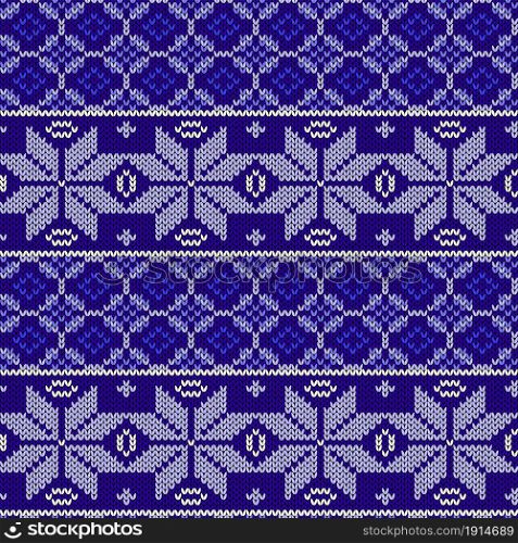 Seamless knitting pattern in violet, blue and white colors, vector pattern as a fabric texture