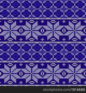 Seamless knitting pattern in violet, blue and white colors, vector pattern as a fabric texture