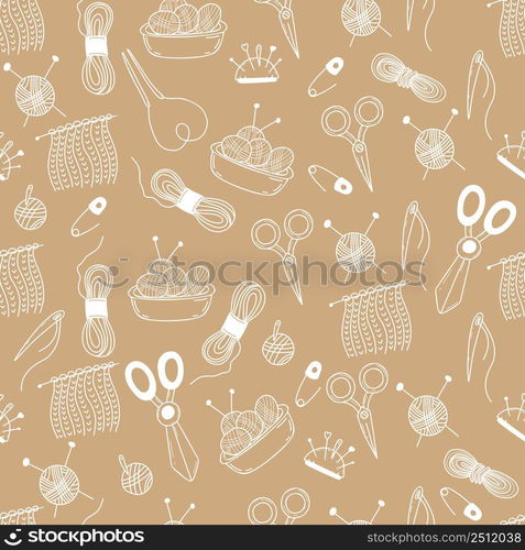 Seamless knitting pattern. White chalk Linear hand drawings in doodle style Needles, thread, scissors, skeins of thread with knitting needles and pins on light brown background. Vector illustration