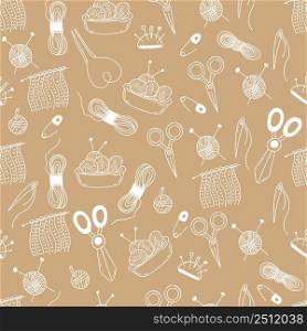 Seamless knitting pattern. White chalk Linear hand drawings in doodle style Needles, thread, scissors, skeins of thread with knitting needles and pins on light brown background. Vector illustration