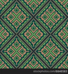 Seamless knitting square vector color pattern as a fabric texture mainly in green, claret and terracotta hues. Seamless knitting square pattern
