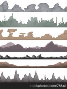 Seamless Landscape Grounds For Game Ui. Illustration of a set of seamless mountains range with patterns of rock, stones and hand made mountains relief for game user interface