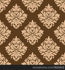 Seamless light brown colored floral arabesque pattern in damask style motifs suitable for wallpaper, tiles and fabric design isolated over brown colored background
