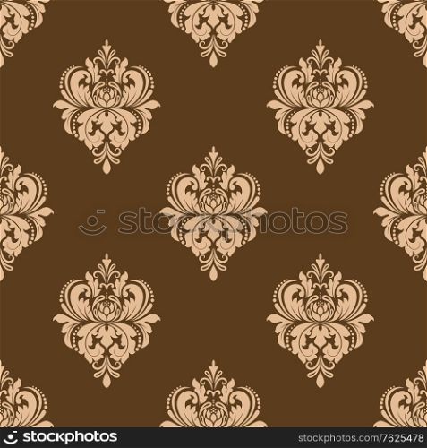 Seamless light brown colored floral arabesque pattern in damask style motifs suitable for wallpaper, tiles and fabric design isolated over brown colored background. Floral seamless arabesque pattern
