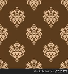 Seamless light brown colored floral arabesque pattern in damask style motifs suitable for wallpaper, tiles and fabric design isolated over brown colored background. Floral seamless arabesque pattern