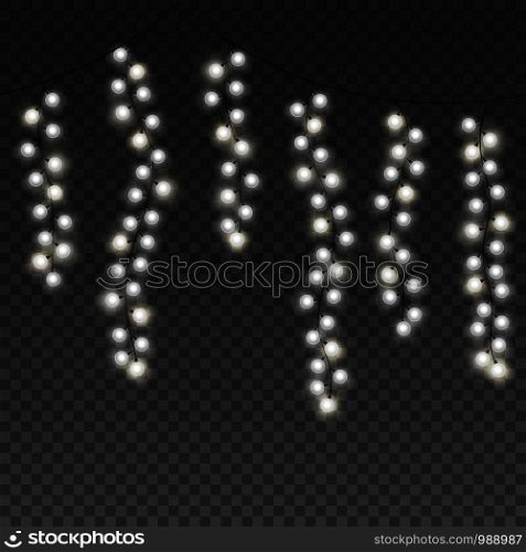 Seamless light garlands. Hanging christmas vertical lights with white lamps. Glowing xmas festive vector isolated fairy carnival winter night decoration. Seamless light garlands. Hanging christmas vertical lights with white lamps. Glowing xmas festive vector isolated fairy decoration