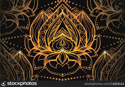 Seamless luxury pattern with gold Lotus with boho pattern and bright spark. Vector element for spa centers, yoga studios. Hand drawn. Doodle elements for your design. Seamless luxury pattern with gold Lotus with boho pattern and br
