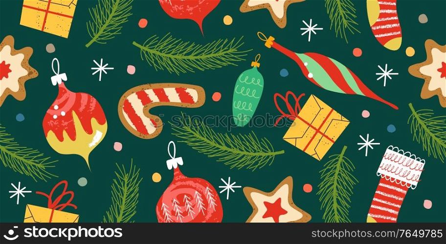 Seamless magic Christmas pattern. The Christmas tree is decorated with vintage toys, Christmas cookies and gifts. Vector illustration on a dark background.. Seamless Christmas pattern. The Christmas tree is decorated with vintage toys. Vector illustration.