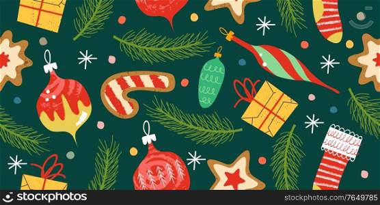 Seamless magic Christmas pattern. The Christmas tree is decorated with vintage toys, Christmas cookies and gifts. Vector illustration on a dark background.. Seamless Christmas pattern. The Christmas tree is decorated with vintage toys. Vector illustration.