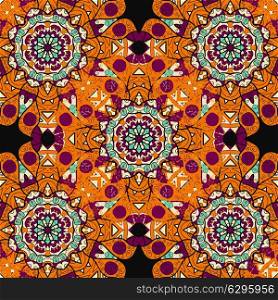 Seamless mandalatiled pattern in orange color over black background. Floral indian vector. Ornate islamic arabic ottoman indian motif