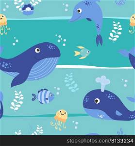 Seamless marine pattern with blue whales and dolphins, fish, jellyfish on an emerald background with algae and pearls. Vector illustration with sea animals for design, decor, wallpaper, packaging