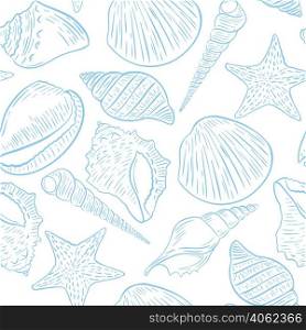Seamless marine pattern with seashells vector illustration. Ocean gentle background. Blue clams on white background template for wallpaper, fabric and paper