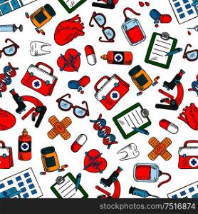 Seamless medical checkup and health care background with colorful sketchy pattern of medications, syringes, microscopes, blood bags, human hearts, teeth, first aid kits, glasses, DNA, hospital buildings, plasters and clipboards. Seamless medical checkup and testing pattern
