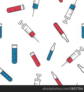 Seamless medical pattern about vaccination, vector illustration. Background with syringes and injections. Inoculation of the population, protection against infection and spread of the virus.. Seamless medical pattern about vaccination, vector illustration.