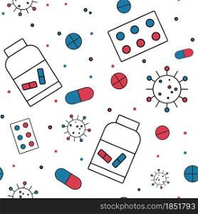 Seamless medical pattern, vector illustration. Background with pills and virus. Prevention and protection against diseases.. Seamless medical pattern, vector illustration.