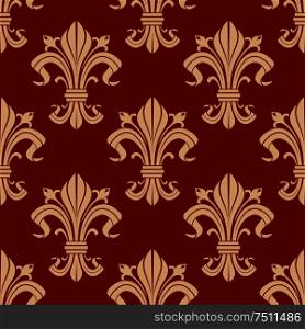 Seamless medieval fleur-de-lis pattern for classic interior design or heraldic backdrop with beige floral compositions on red background . Seamless fleur-de-lis pattern on red background