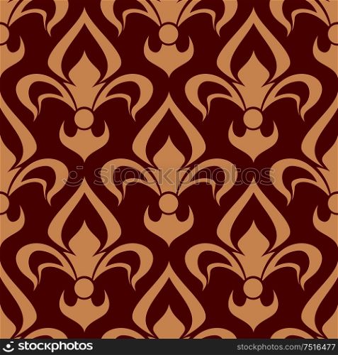 Seamless medieval victorian fleur-de-lis pattern for heraldic design usage with beige floral composition of royal french lilies over red background. Victorian heraldic fleur-de-lis seamless pattern