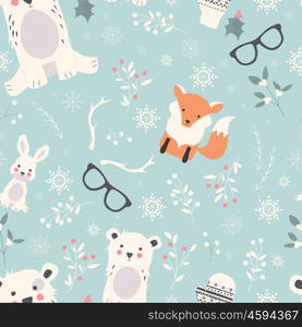 Seamless Merry Christmas patterns with cute polar animals, bears, rabbits, vector illustration