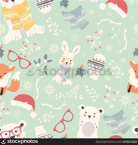 Seamless Merry Christmas patterns with cute polar animals, bears, rabbits, vector illustration